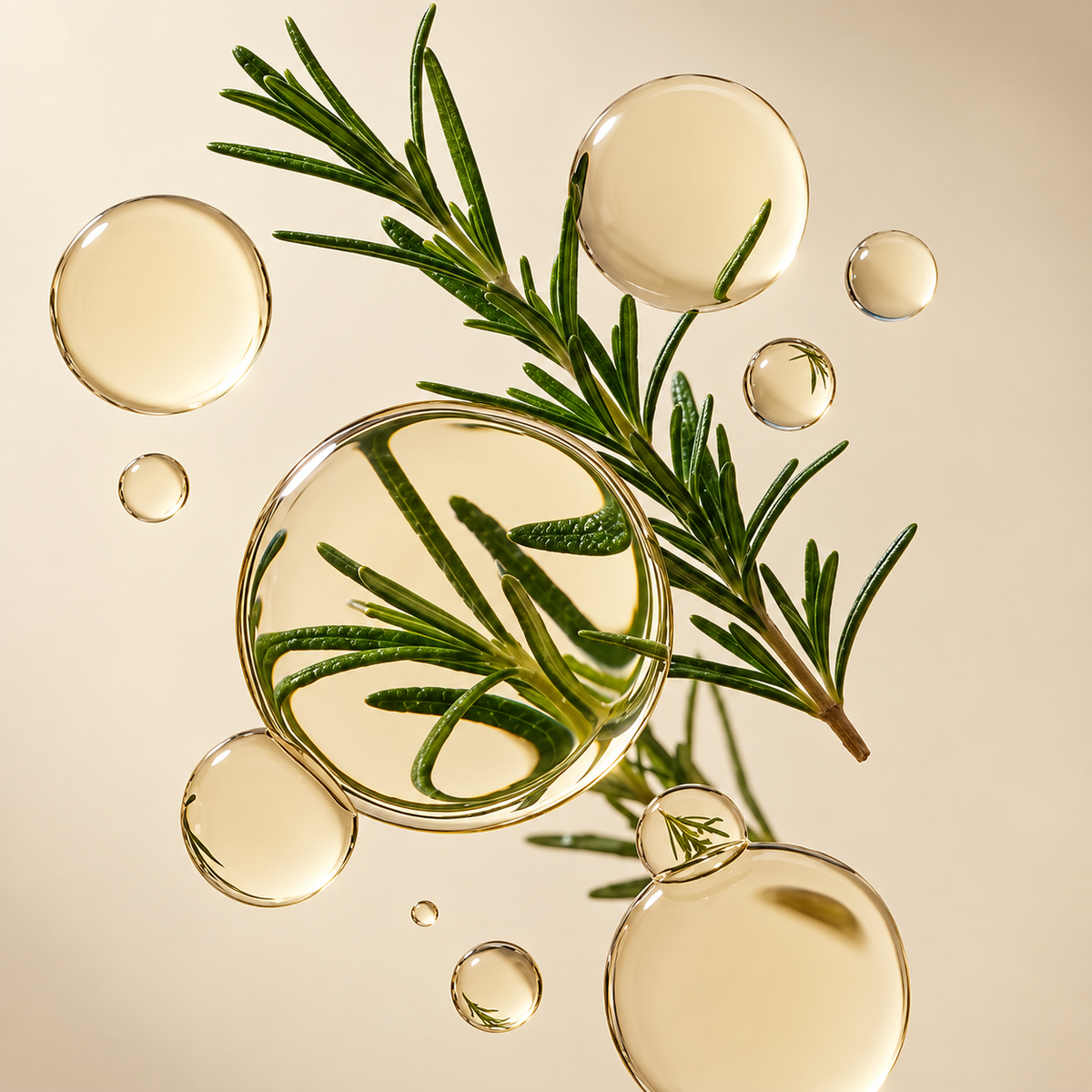 A close-up studio shot of rosemary sprigs suspended inside large clear oil droplets on a warm beige background.