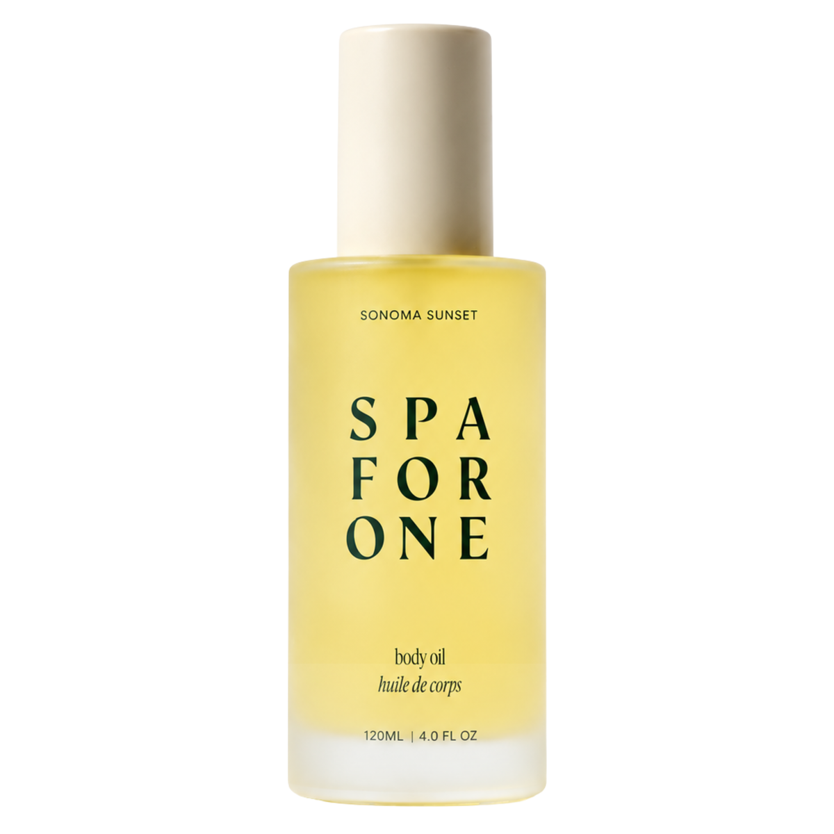 Spa For One Sonoma Sunset body oil, 120 ml frosted glass pump bottle, lightweight body oil with squalane