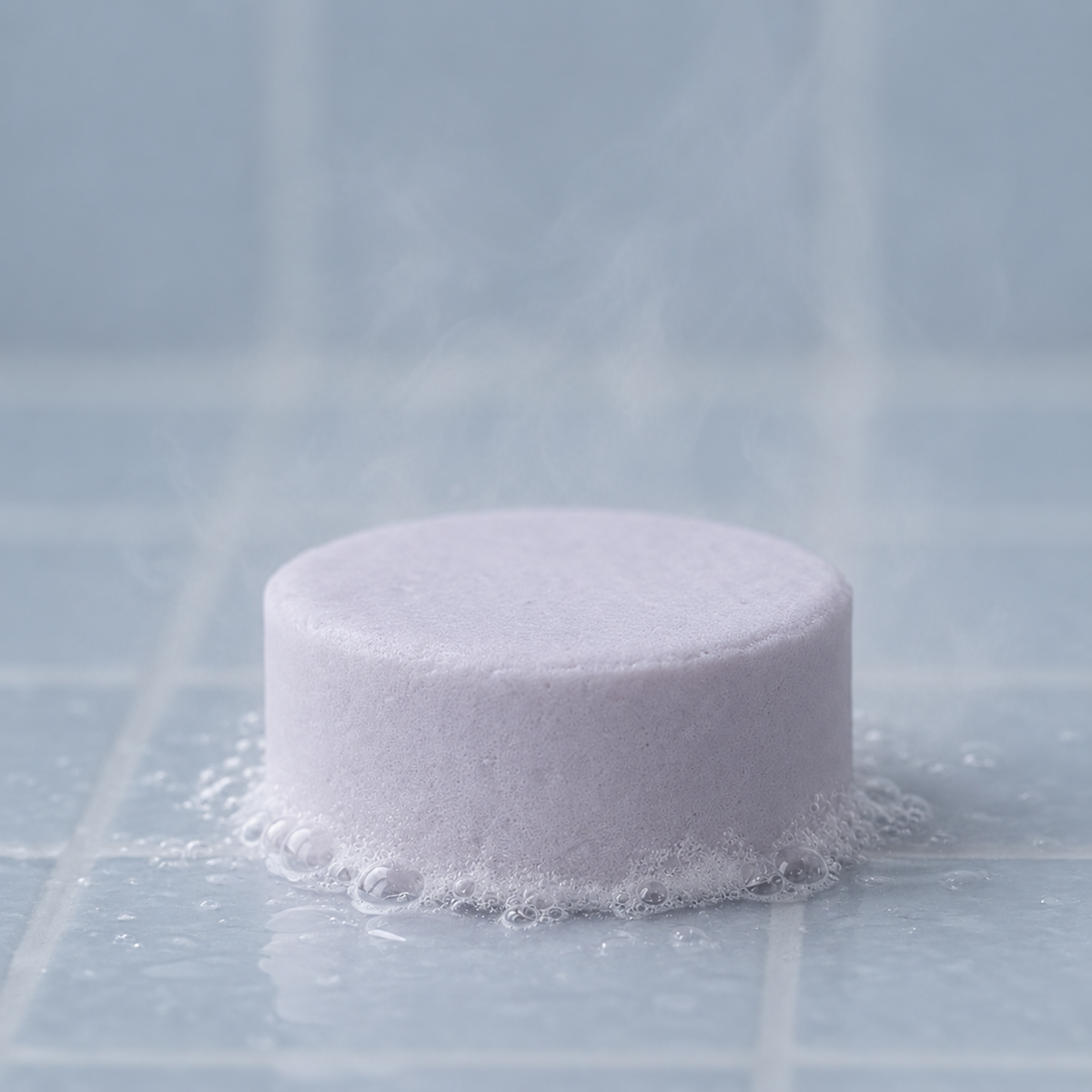A single round eucalyptus shower steamer dissolving in water on a light blue tiled surface, with bubbles around it and a soft steam effect.